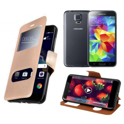 HOUSSE ETUI FOLIO SAMSUNG Galaxy S5 G-900 (Doré)